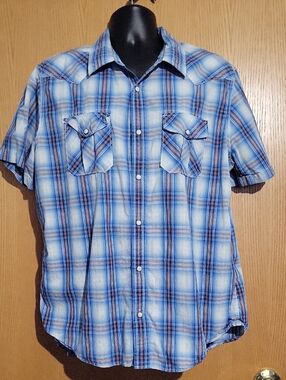 American Eagle Outfitters Light Blue Plaid Short-Sleeve Button-Down Shirt